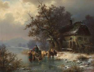 HÖFER Heinrich 1825-1878,Kutsche mit Bauern auf vereistem See vor einem Hau,1867,Schuler 2021-12-13