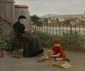 HÖFLINGER Albert,Grandmother with child, view of Kleinbasel from a ,1902,Galerie Koller 2017-03-29