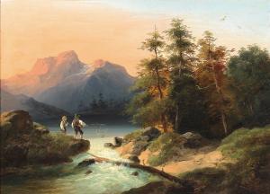HÖGER Joseph 1801-1877,Two Young Anglers in an Alpine Landscape,1854,Palais Dorotheum AT 2015-04-23