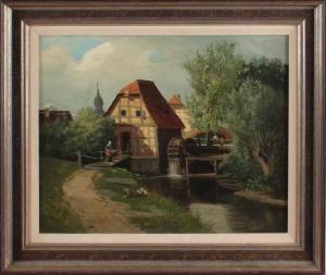 HÖPPE Ferdinand Bernhard 1841-1922,German village face with water mill and figur,Twents Veilinghuis 2016-10-14