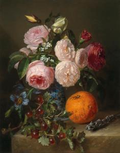 HAANEN Adriana Johanna 1814-1895,Still Life with Flowers, Oranges, Roses and ,1852,Palais Dorotheum 2022-05-10