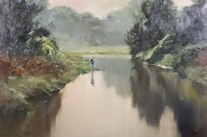 HAGAN Robert 1947,River landscape with small child paddling by the b,Canterbury Auction 2021-06-05
