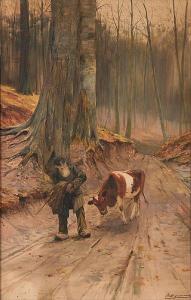 HAGEMANS Maurice 1852-1917,La conduite de la vache dans l'allée,Horta BE 2023-01-23