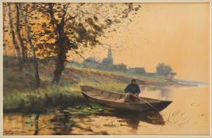 HAGEMANS Maurice 1852-1917,Pêcheur au coucher du soleil,Horta BE 2023-01-23