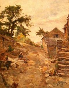 HAGUE D 1800-1800,Figure in a village street with old stone cottages,Rosebery's GB 2010-12-07
