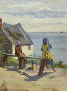 HAGUE John Houghton 1842-1901,'Runswick Bay' - Girls on a Bench outside Lady,David Duggleby Limited 2019-06-07