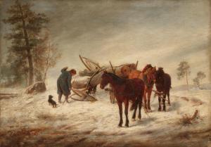HAHN William Karl 1829-1887,Holzfäller im Winterwald mit zerbrochenem Rad am K,Van Ham DE 2024-01-30