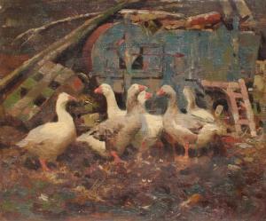 HALL Frederick 1860-1948,Geese in Barnyard,Burchard US 2015-12-13