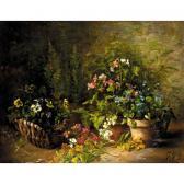 HALL Gustave 1800-1800,STILL LIFE OF FLOWERS IN POTS AND A BASKET,1886,Sotheby's GB 2004-07-14