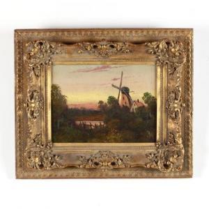 HALL J 1800-1900,Evening Cottage Landscape with Windmill,19th century,Leland Little US 2020-08-27