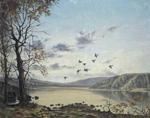HALLARD Nigel 1936-2020,A flock of ducks in flight on an autumnal day,David Lay GB 2021-12-09