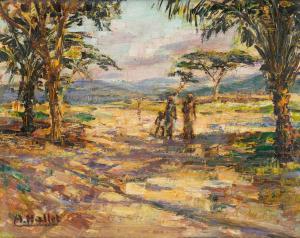 HALLET Andre 1890-1959,Paysage africain animé sur fond de montagne,Horta BE 2024-04-22