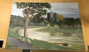 HALLIDAY Sylvia,Park scene with boat on river and tower blocks in ,Moore Allen & Innocent 2021-05-26