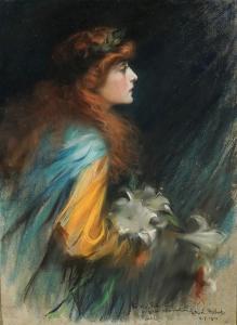 HALMI Artur Lajos,Portrait of a Woman with Red Hair Holding Lilies,1914,Weschler's 2020-03-13
