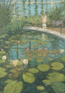 HALSBY Julian 1948,pond with waterlilies and figure to background,Ewbank Auctions GB 2023-01-26