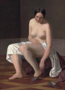 HAMMER Hans Jörgen 1815-1882,A female nude putting on her slippers,1843,Bruun Rasmussen 2021-11-30
