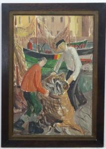 Hanbury Priscilla 1921-2008,Unloading the catch , fisherman on the dock,Dickins GB 2018-09-07