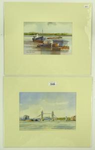 HANCERI Dennis John 1928,Tower Bridge and barges on a river,Burstow and Hewett GB 2018-07-26