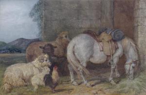 HANCOCK CHARLES 1802-1877,horse and farm animals sheltering near a wall,Fellows & Sons GB 2018-12-03