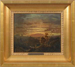 HANDWERCK Eduard 1824-1883,Landschaftsmaler an der Staffelei im Abendlicht Fe,Schloss DE 2016-04-23