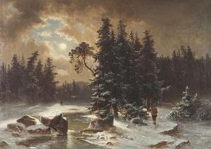 HANEDOES Louwrens,Mondscheinlandschaft mit Jäger an einem winterlich,Winterberg Arno 2023-10-21