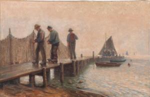 HANSCHE Reinhold 1867-1945,Three fishermen hanging a net on a pier,Bruun Rasmussen DK 2020-01-13