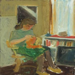 HANSEN Arne 1900-1900,Interior with woman knitting,Bruun Rasmussen DK 2011-06-20