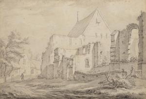 HANSEN Carel Lodewijk,Teilzerstörte Kirche und Haus mit Treppengiebel, P,Palais Dorotheum 2021-11-17