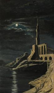 HANSEN I.T. 1848-1912,A mosque by a rocky coast in the moon light,Bruun Rasmussen DK 2023-05-08