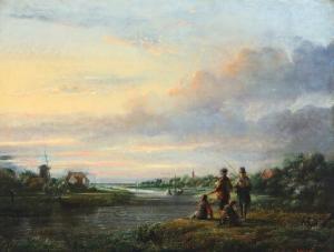 HANSEN Lambertus Johannes 1803-1859,Two men fishing along a river with their two bo,Bruun Rasmussen 2018-04-02