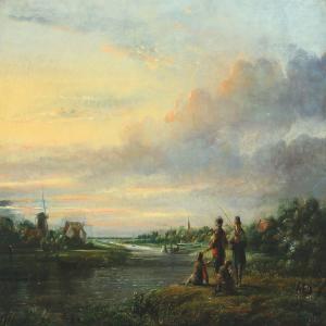 HANSEN Lambertus Johannes 1803-1859,Two men fishing along a river with their two bo,Bruun Rasmussen 2016-03-14
