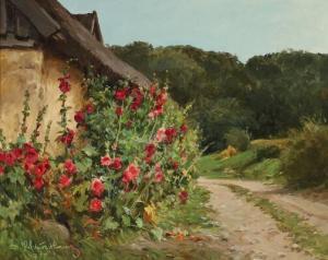 HANSEN Melchior 1908-1978,Red hollyhocks growing along a wall,1974,Bruun Rasmussen DK 2022-09-05