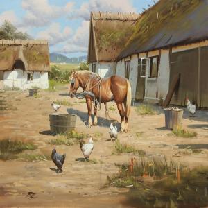 HANSEN Roald Hans 1938,Yard with a horse and hens,Bruun Rasmussen DK 2012-02-27