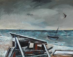 HANSEN William 1909-1991,Coastal scenery with a boat and a bird,Bruun Rasmussen DK 2023-12-05