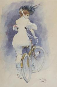 HAPPEL Karl 1819-1914,Elegante à la bicyclette.,Chevau-Legers Encheres Martin-Chausselat 2013-04-28