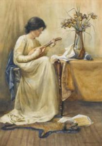 HAPPERFIELD Laura Annie 1800-1900,Interior scene with girl seated and playing am,Clevedon Salerooms 2007-06-14