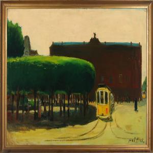 HARALD PIHL Kai 1894-1978,Scene from Kongens Nytorv, Copenhagen with tram,Bruun Rasmussen 2015-08-03