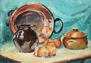 Harbinson Eleanor,STILL LIFE, ONIONS & POTS,Ross's Auctioneers and values IE 2017-10-11