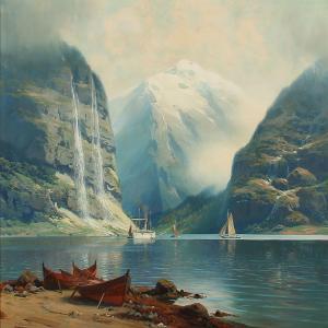 HARDERS J 1800-1900,Fiord landscape with boats and snowcapped moutains,Bruun Rasmussen DK 2011-11-21