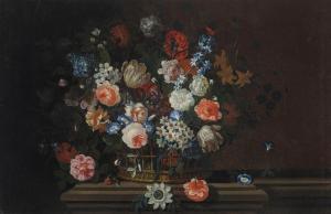 HARDIME Simon 1664-1737,Flowers in a wicker basket on a stone ledge,Christie's GB 2021-10-14