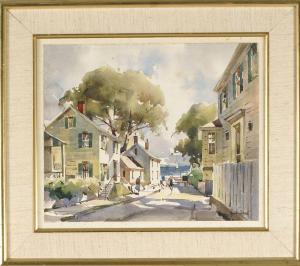 HARE John Cuthbert 1908-1978,Shoreside village street scene with distant sailbo,Eldred's 2013-08-07