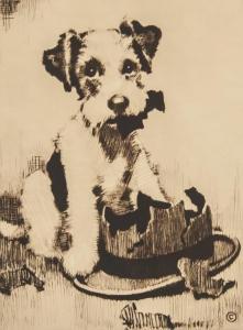 HARE John Knowles 1884-1947,a puppy beside a chewed through bowler hat,888auctions CA 2024-01-25