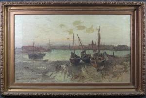 HARE Julius 1859-1932,beached fishing smacks with distant port and town,Peter Francis GB 2019-11-06