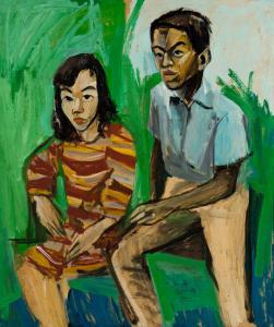 HARMON BERNARD,Untitled (Young Man and Woman in a Striped Dress),1970,Swann Galleries 2021-10-07