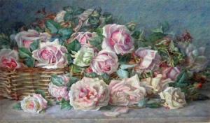 HARMS Edith M 1900-1900,Pink Roses in and by a Basket on a Ledge,Keys GB 2011-12-09