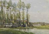 Harpignies Henri Joseph 1819-1916,Maisons entre les arbres au bord d'un étang,Christie's 2016-04-01