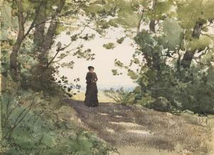 Harpignies Henri Joseph 1819-1916,Woman Walking on a Wooded Path,1880,Hindman US 2017-12-15