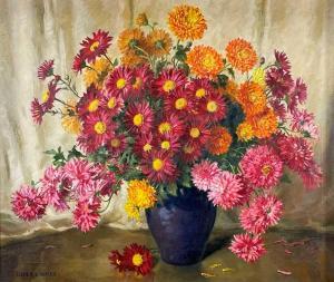 HARRIES Leslie G,still life of dahlias and chrysanthemums in a vase,Rogers Jones & Co 2023-01-13