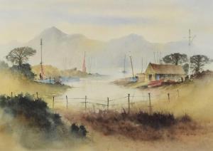 HARRIS Les 1924-2008,Boats Moored at a lakeside on a misty morning,20th Century,Halls GB 2024-02-07