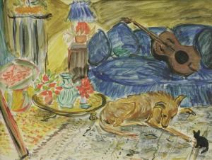 HARRISON john theodore,AN INTERIOR WITH A GUITAR ON A SETTEE, A DOG AND A,Sworders 2016-06-21
